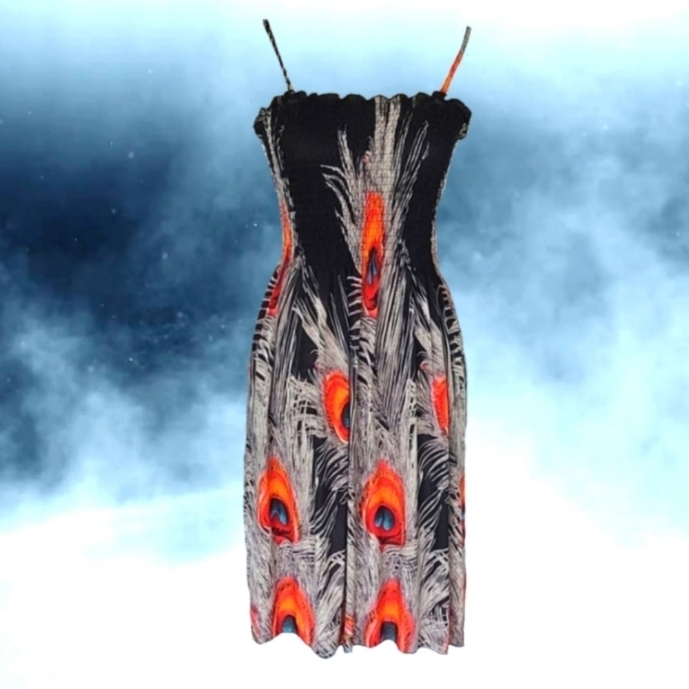 Vintage Peacock Feather Dress Orange & Black Multicolor